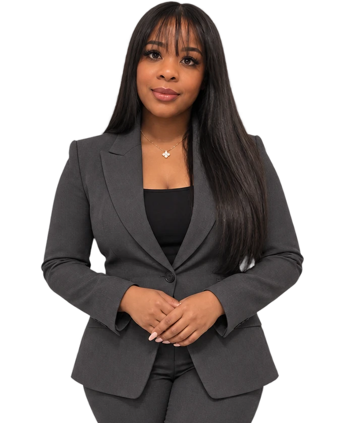 Aura Victoria Perez, Founder of Gold Star Credit, standing in a charcoal suit