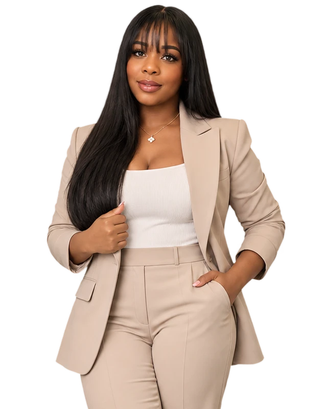 Aura Victoria Perez, Fundadora de Gold Star Credit, de pie con un traje beige a la medida